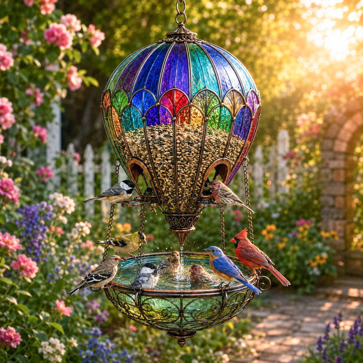🌈 Gebrandschilderde luchtballon-vogelvoederbak met fontein🐦