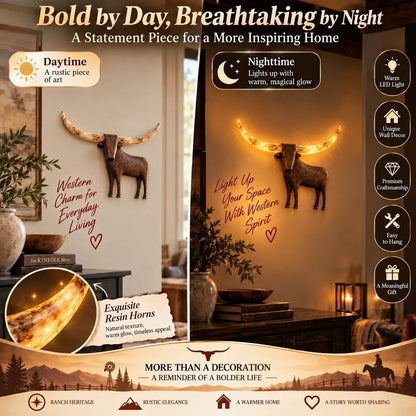🐮✨Verlichte Longhorn-wandsculptuur – Rustieke western-LED-wanddecoratie🌙