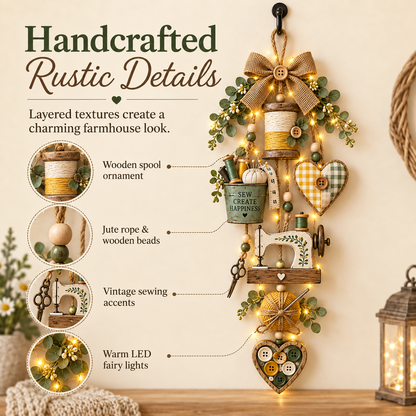 🧵✨ Rustiek houten naaiwerk – Thematisch hangend ornament met kerstverlichting met afstandsbediening