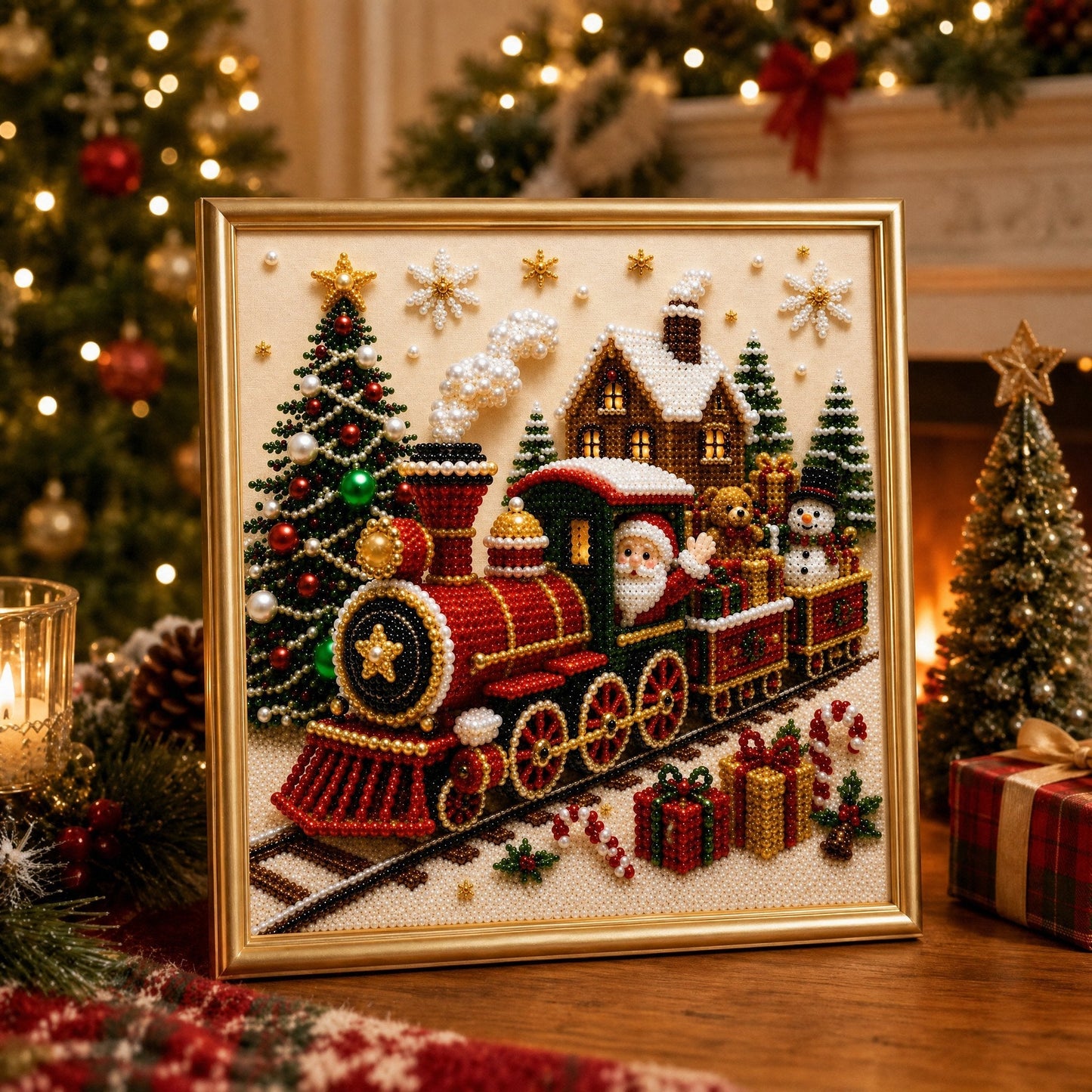 🎄🎅 Premium 3D-kerstwanddecoratieset met parels | Luxe canvas met flocklaag en krasbestendige, kleurvaste parelkorrels – doe-het-zelf kerstdecoratie ⛄️❄️