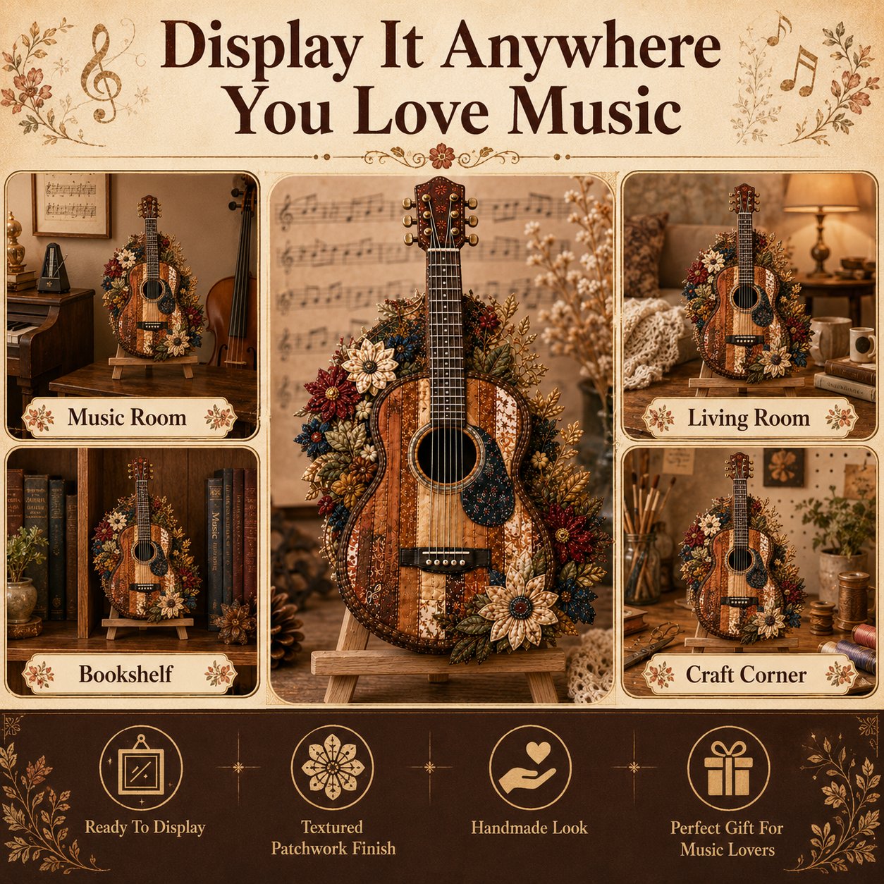 🎶🧵 Premium vintage patchwork-bouwpakket voor muziekinstrumenten | Hoogwaardige gelaagde stof met gestikte details – DIY handgemaakte decoratie voor de muziekkamer ✨