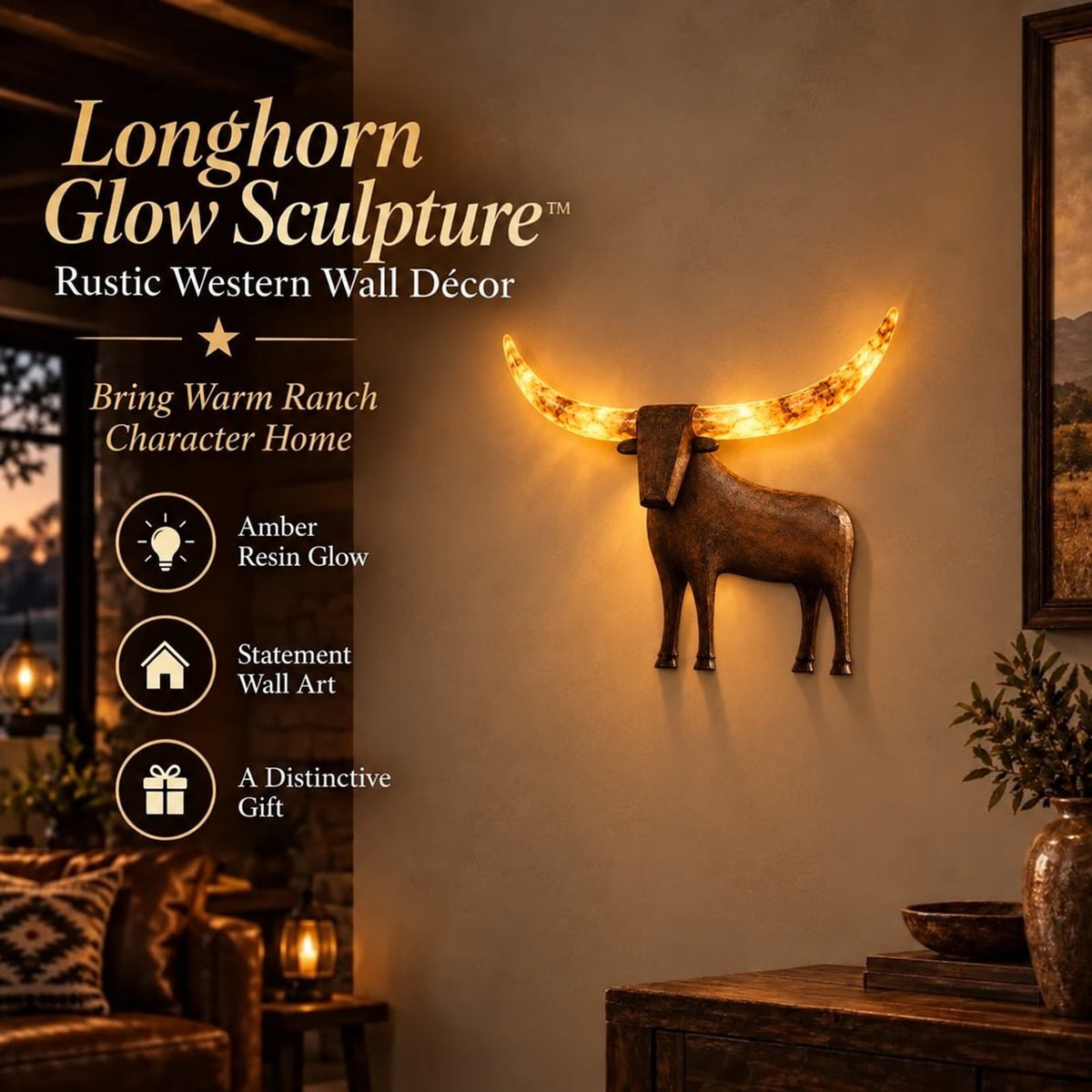 🐮✨Verlichte Longhorn-wandsculptuur – Rustieke western-LED-wanddecoratie🌙