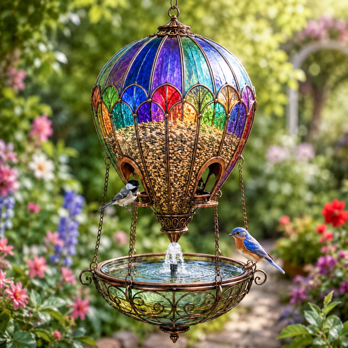 🌈 Gebrandschilderde luchtballon-vogelvoederbak met fontein🐦