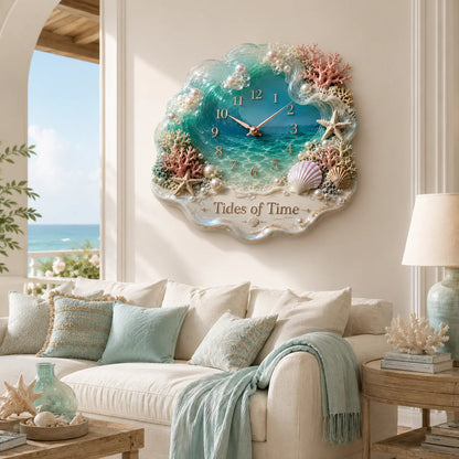 Tides of Time Ocean Wave wandklok – Iriserende kustdecoratie met parels, schelpen en koraa
