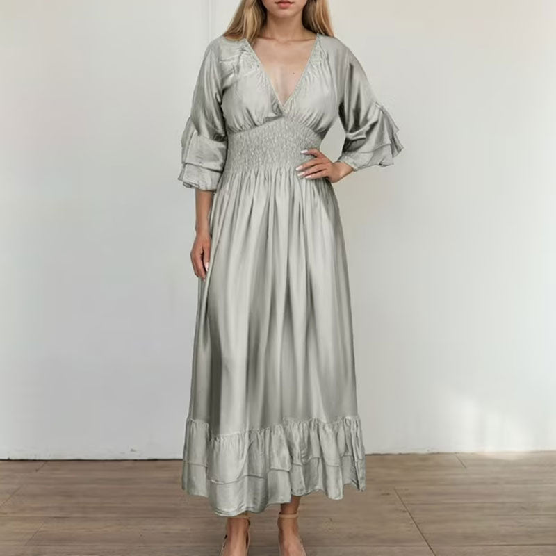 ✨Nieuwe artikelen 35% korting🎁Satijnen V-hals ruchejurk