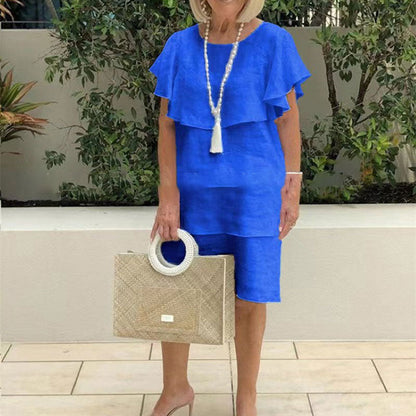 🌸Ronde hals. klokkende mouw. gelaagde midi-jurk