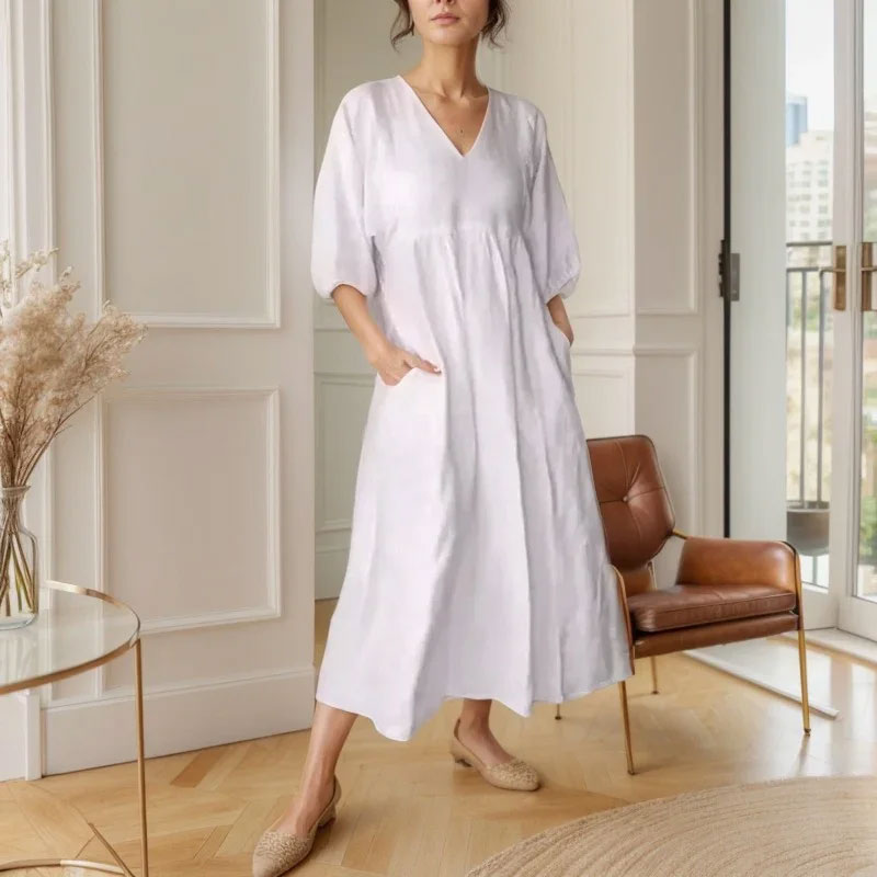 🌿 Diepe V-Hals Katoen-Linnen Zomerjurk met Zakken
