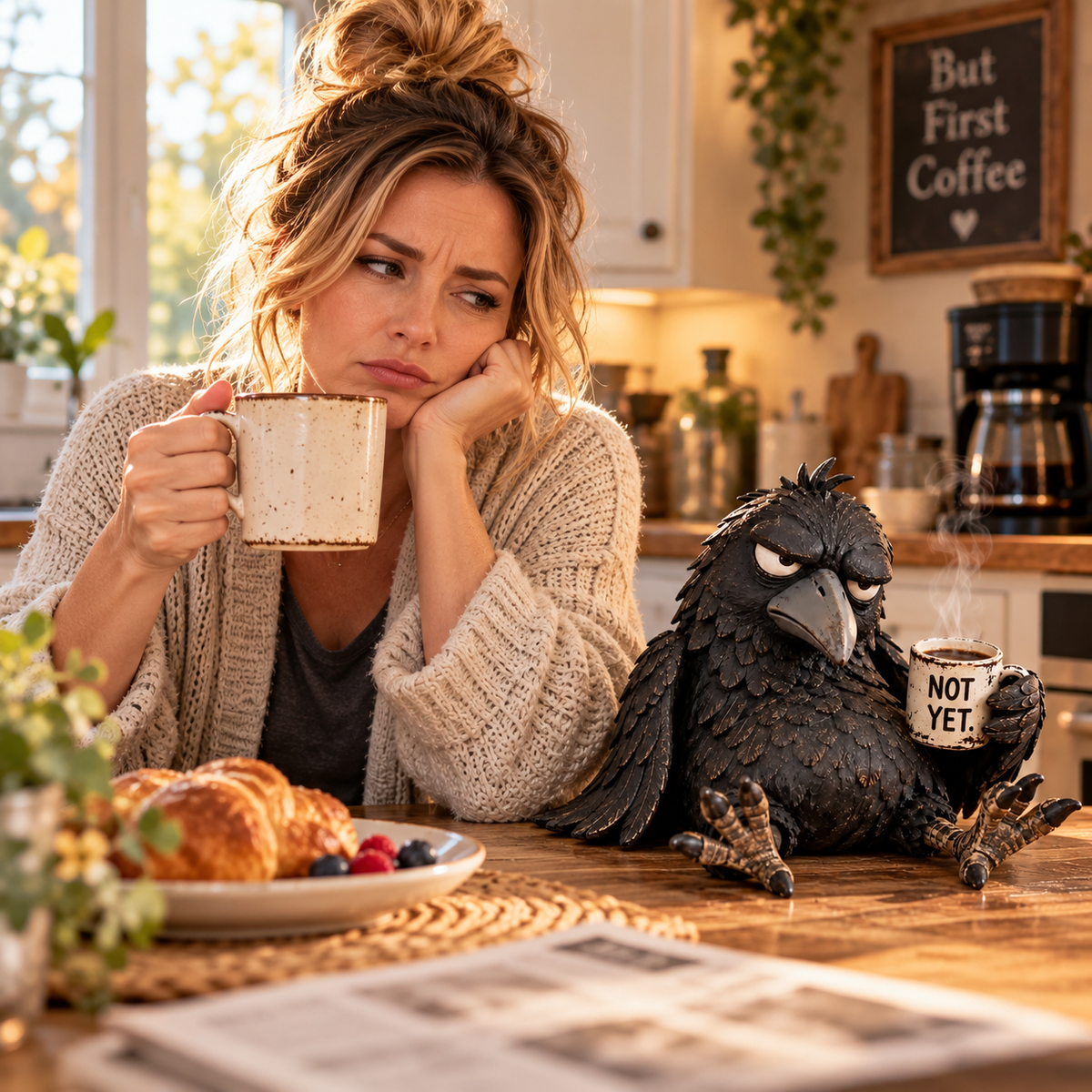 Grumpy Coffee Raven-beeldje – “Not Yet” grappige ochtenddecoratie