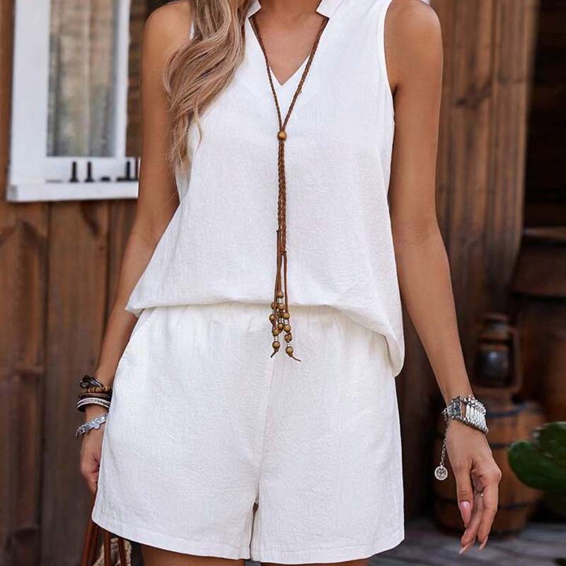 🍀Effen kleur opstaande kraag mouwloze shorts casual tweedelig pak