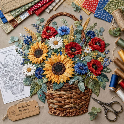 🌸🧵 Premium bloemenmand-patchwork-doe-het-zelfpakket | Hoogwaardig boeket van gelaagde stoffen met reliëfbloemblaadjes en geweven manddetails ✨