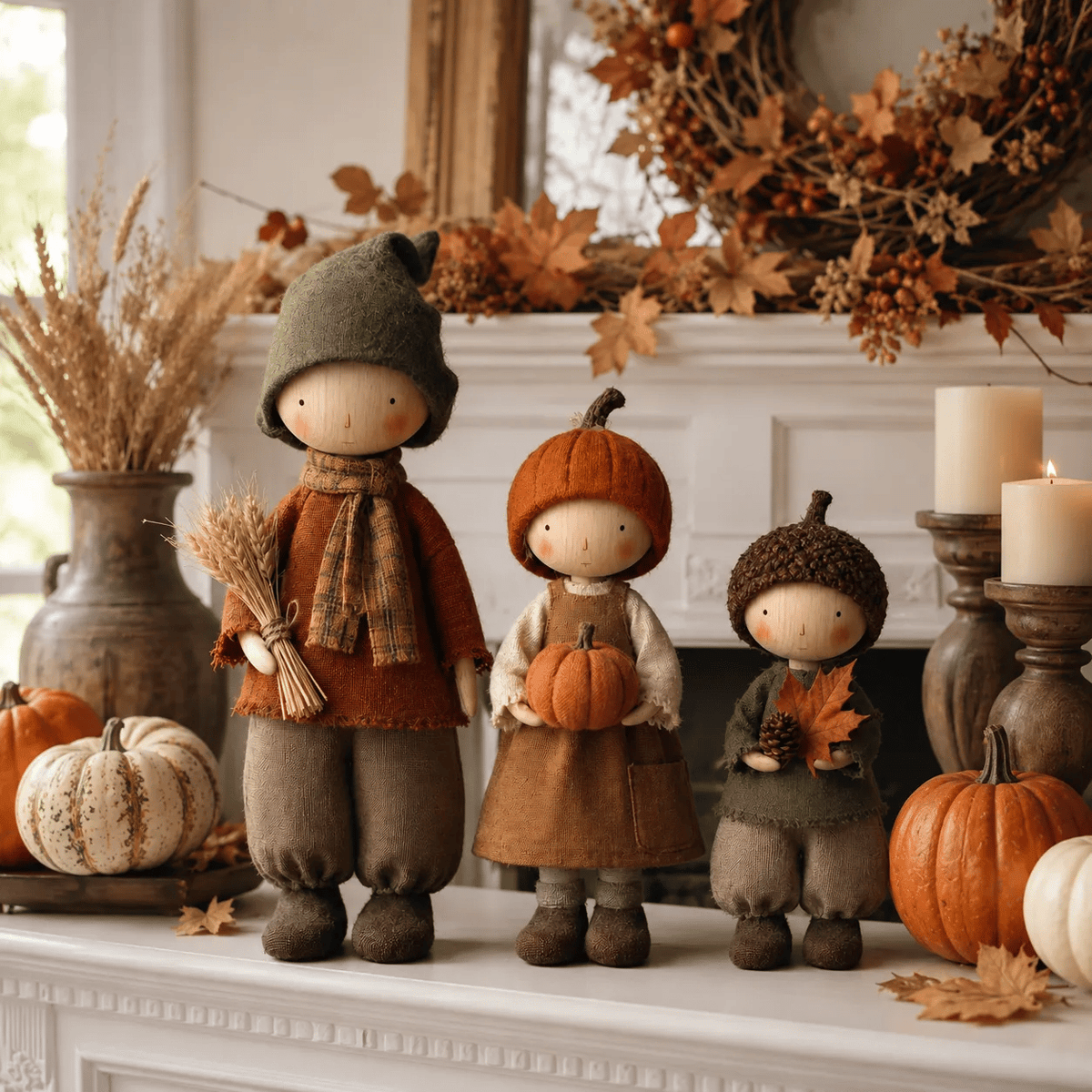 🍁 Set van 3 rustieke herfstfiguurtjes – Mooie oogstdecoratie voor een gezellige herfstsfeer 🍂