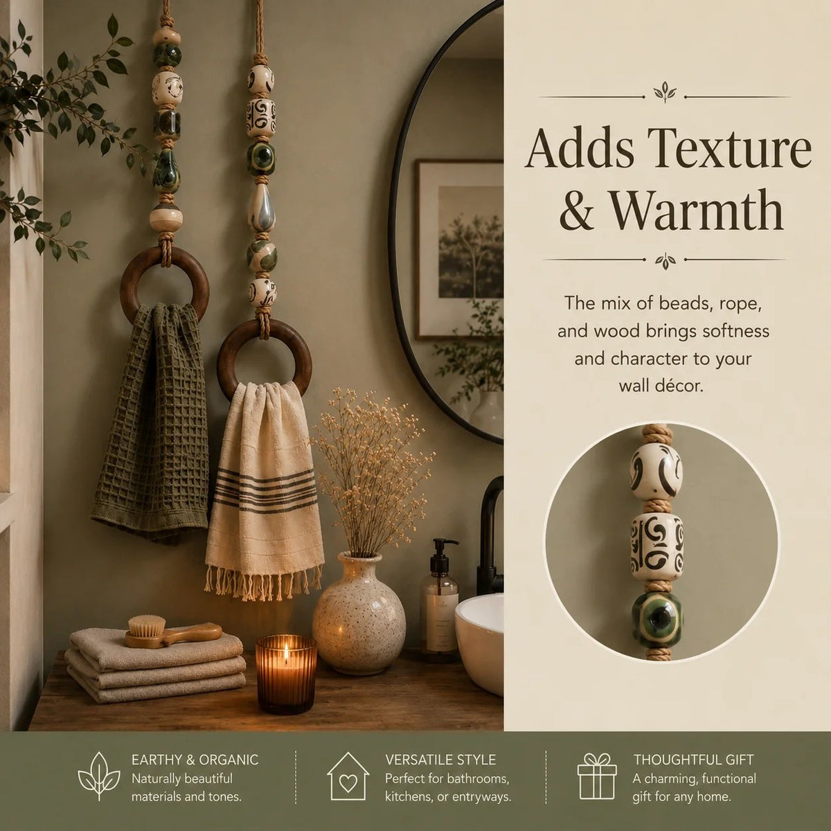 Decoratieve handdoekhanger met kralen en houten ring