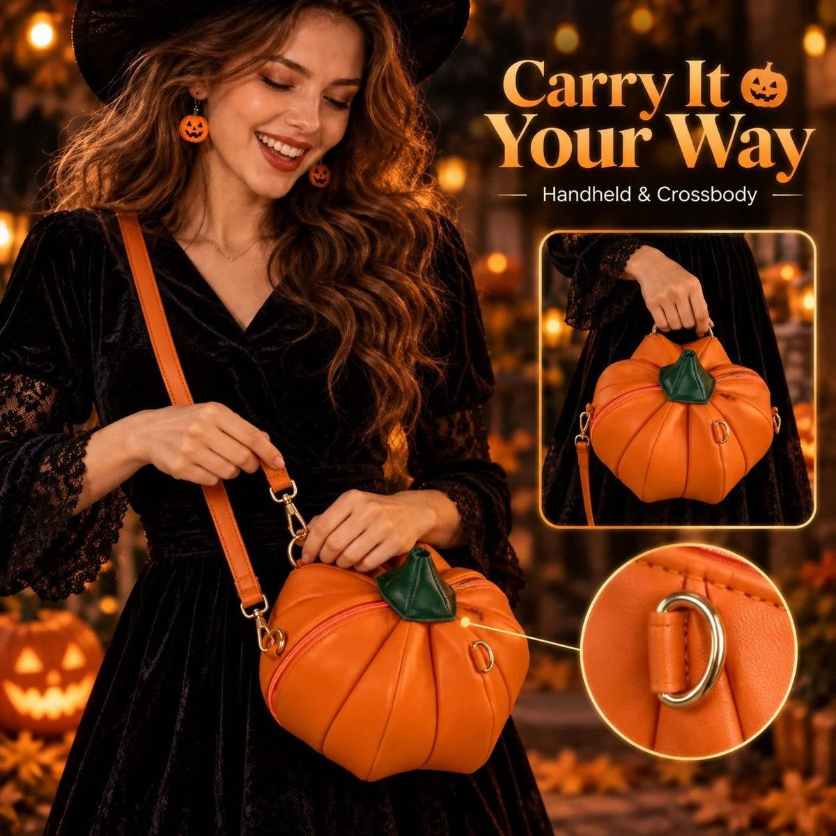 🎃✨Halloween-schoudertas ‘Hungry Pumpkin’: speelse pompoentas met open mond voor Halloweenfeestjes, trick-or-treat en herfstoutfits (✨Dezelfde als in de video)
