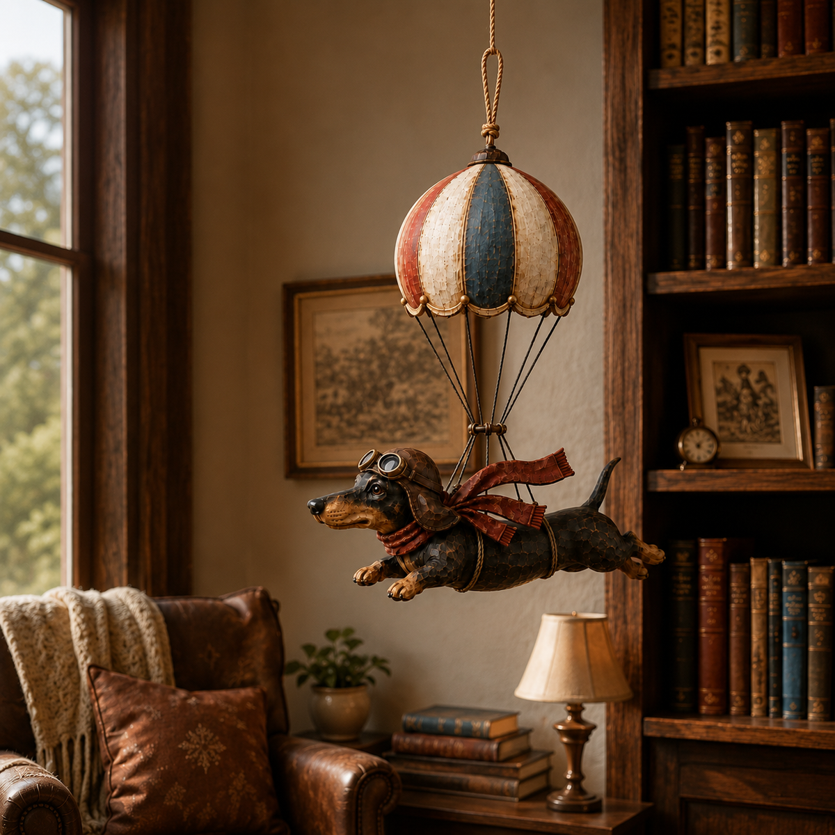 Vintage decoratie met vliegende teckel in een heteluchtballon