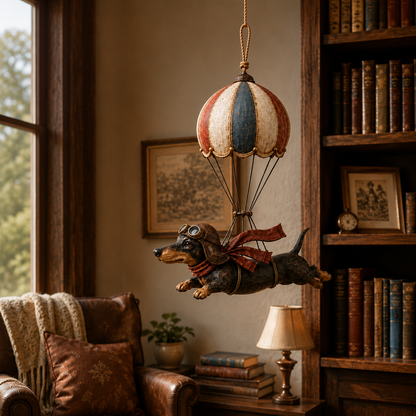 Vintage decoratie met vliegende teckel in een heteluchtballon