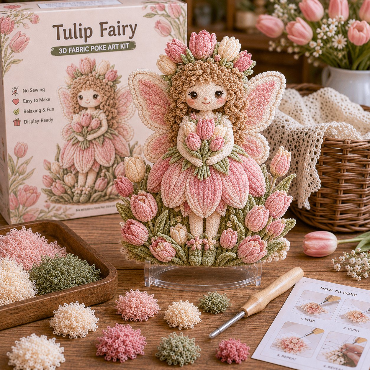 🔥HOT SALE 49% KORTING – 🌸🧚‍♀️ Flower Fairy 3D-stof-poke-art-set | Naai-vrij knutselproject van zachte stof met een reliëfbloemmotief en een kant-en-klare feeënversiering ✨