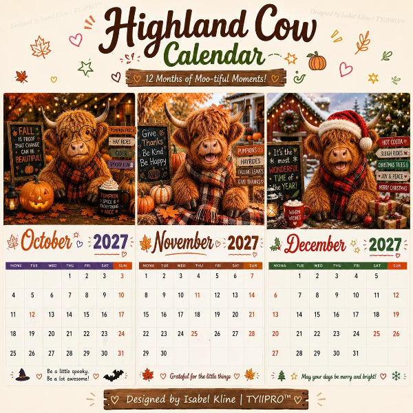 2027 Grappige wandkalender met Highland-koeien | A4-hangkalender | Ontworpen door Isabel Kline
