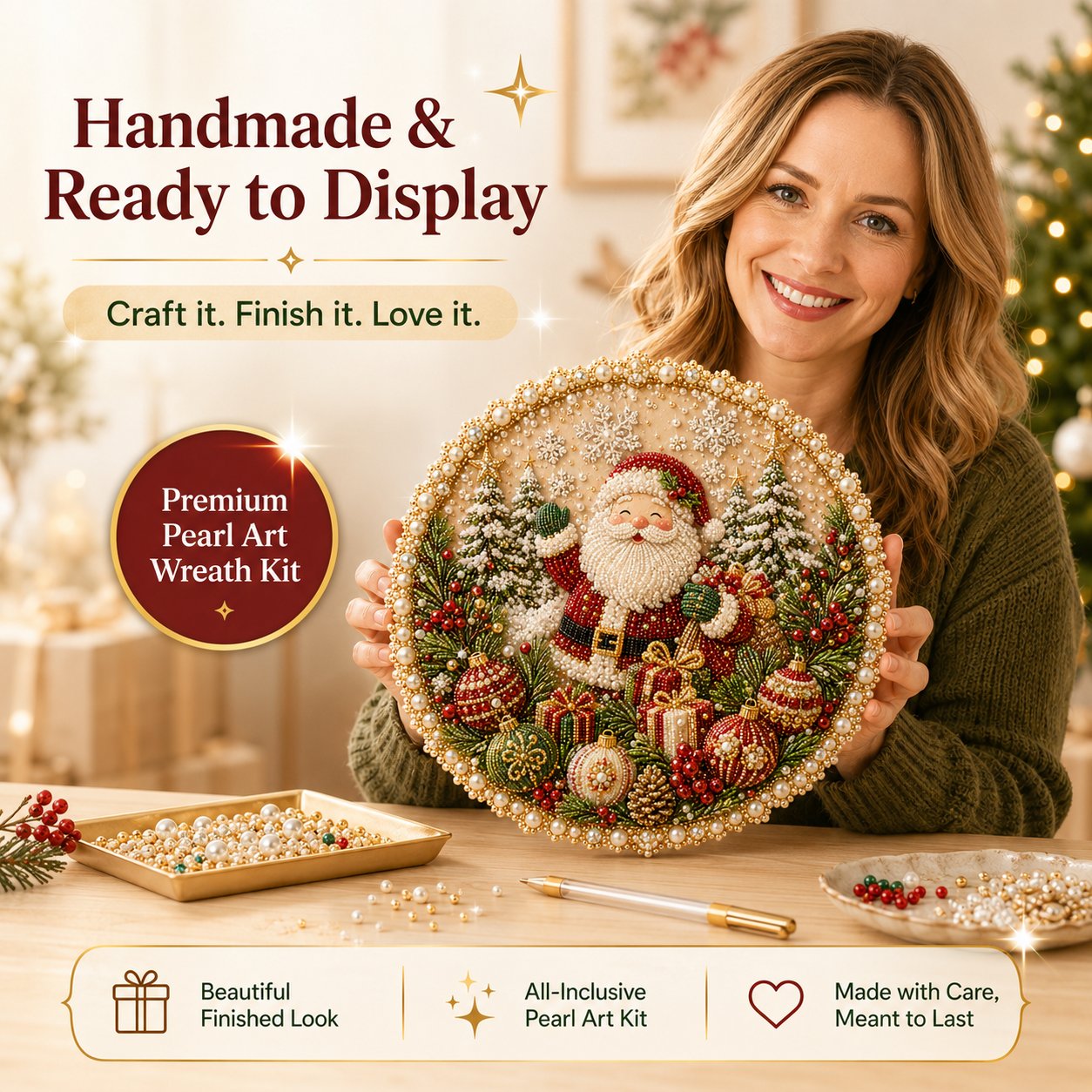 🌸🌻🍂🎄 Vier seizoenen & feestdagen: parelkunst-hangkransset | Luxe canvas met vloklaag en krasbestendige, kleurvaste parelkraaltjes – DIY handgemaakte seizoensdecoratie 💎