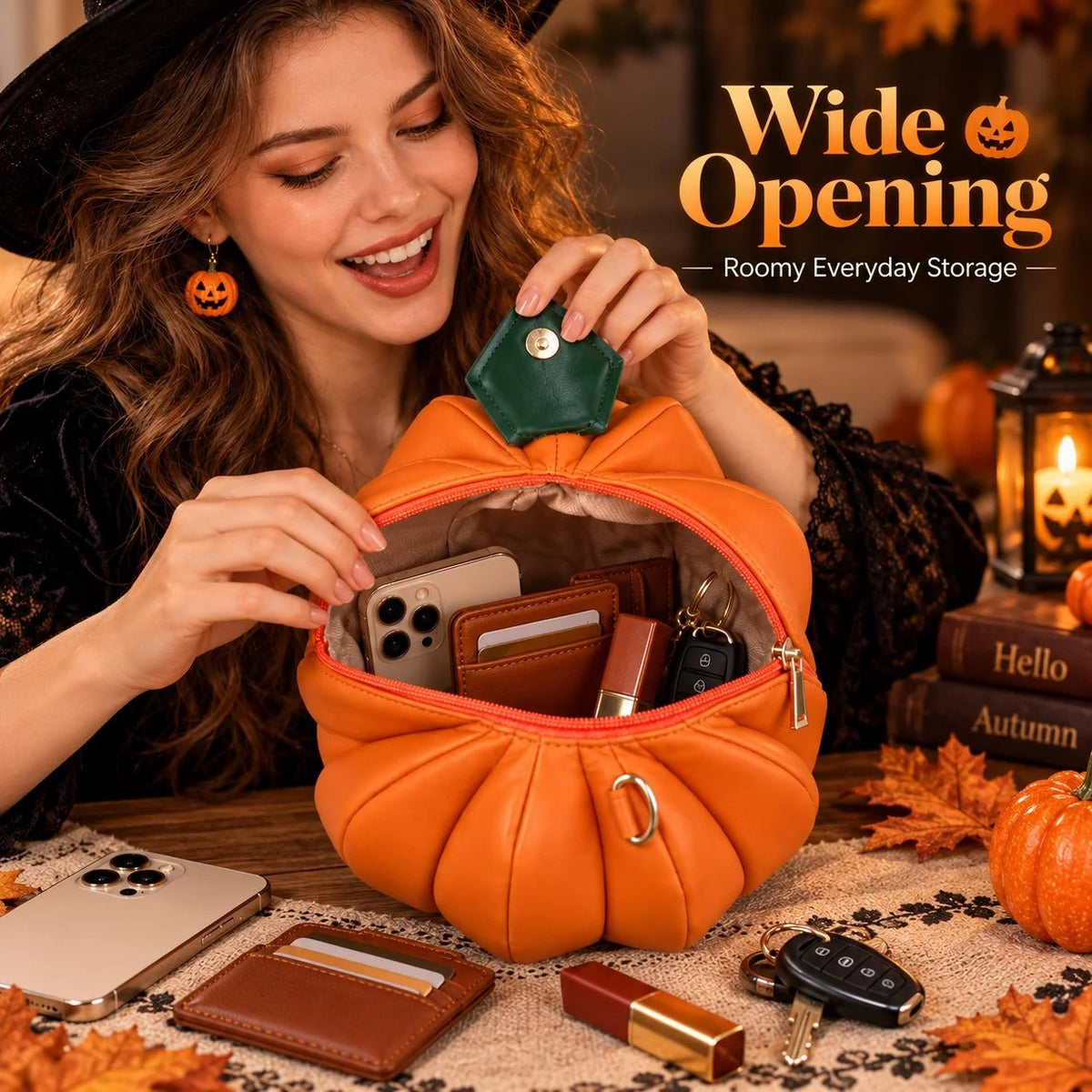 🎃✨Halloween-schoudertas ‘Hungry Pumpkin’: speelse pompoentas met open mond voor Halloweenfeestjes, trick-or-treat en herfstoutfits (✨Dezelfde als in de video)
