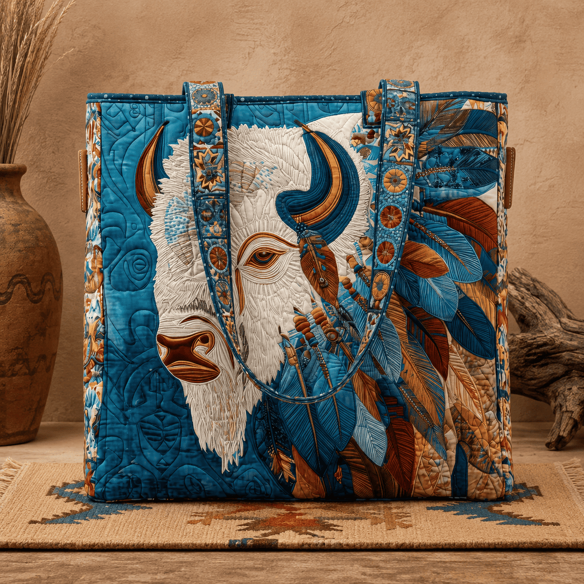✨Handgemaakte gewatteerde draagtas — 🎨 Boho-ontwerp met heilige witte buffel, grote, gewatteerde en gevoerde draagtas