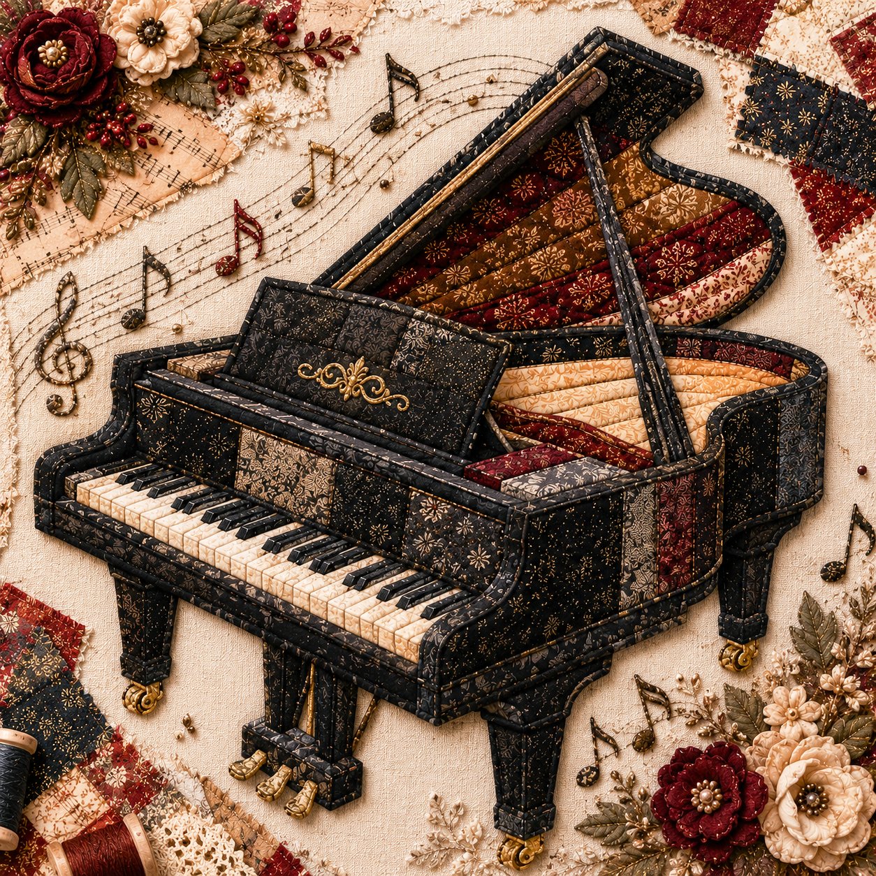 🎶🧵 Premium vintage patchwork-bouwpakket voor muziekinstrumenten | Hoogwaardige gelaagde stof met gestikte details – DIY handgemaakte decoratie voor de muziekkamer ✨