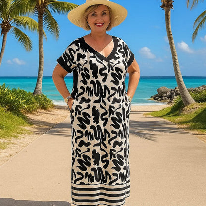 🌟Speciale aanbieding 45% KORTING🎁Zwart-wit bedrukte V-halsjurk