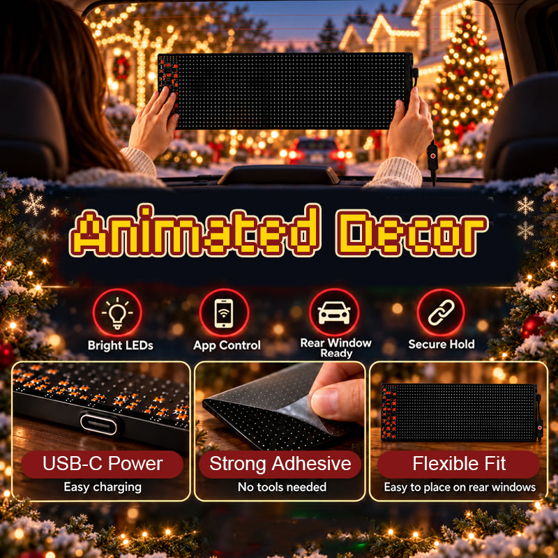 🎅🚗 Geanimeerd LED-autodisplay — Via app te bedienen feestelijk raamscherm, gevoed via USB-C