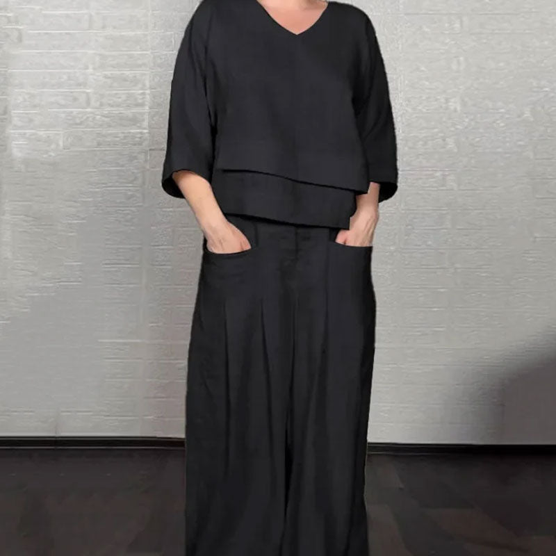 💞Gratis verzending⏳Effen kleur ronde hals lange mouwen casual top middelhoge taille zak rechte broek tweedelig set