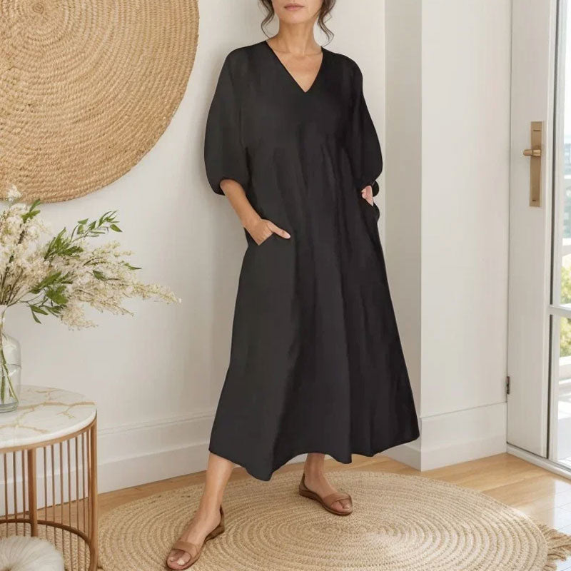🌿 Diepe V-Hals Katoen-Linnen Zomerjurk met Zakken