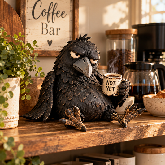Grumpy Coffee Raven-beeldje – “Not Yet” grappige ochtenddecoratie