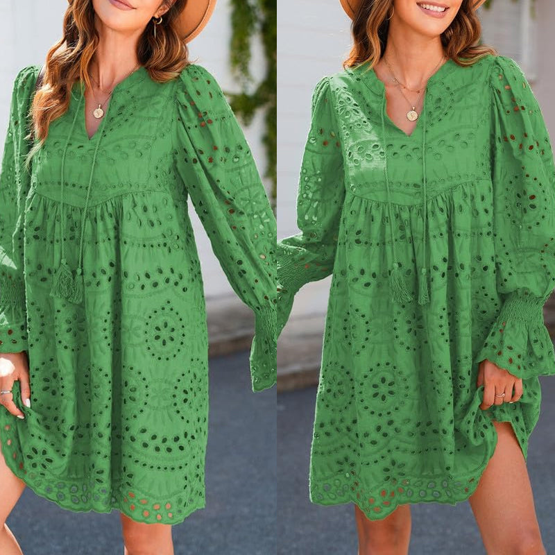 💞Tijdelijke aanbieding 49% KORTING🎁Kanten jurk met V-hals en lange mouwen en kwastjes