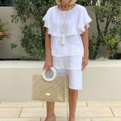 🌸Ronde hals. klokkende mouw. gelaagde midi-jurk