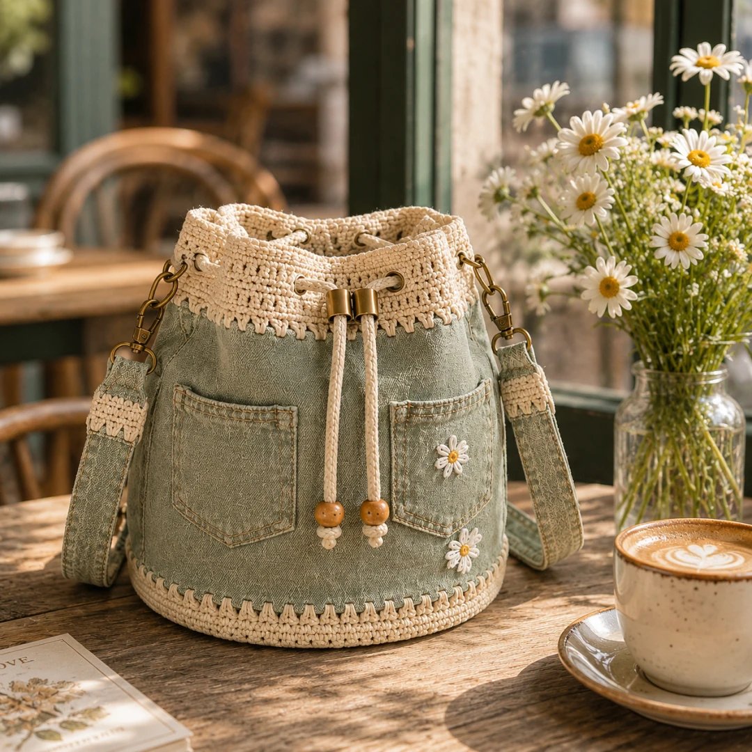 🔥SPECIALE AANBIEDING 50% KORTING✨👜Gehaakte bucketbag van denim