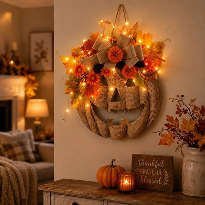 🎃✨ Verlichte pompoenkrans van jute