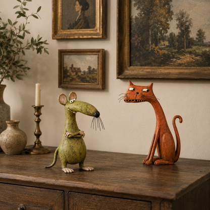Speels vintage beeldje van een muis en een kat