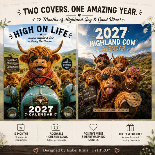 2027 Grappige Schotse Hooglander-wandkalender | A4-wandkalender