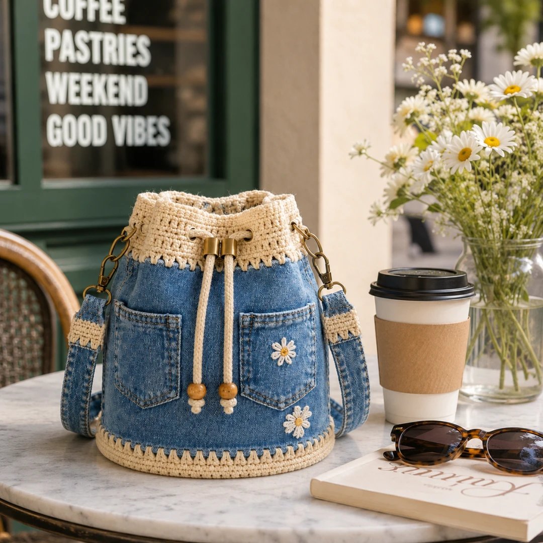 🔥SPECIALE AANBIEDING 50% KORTING✨👜Gehaakte bucketbag van denim