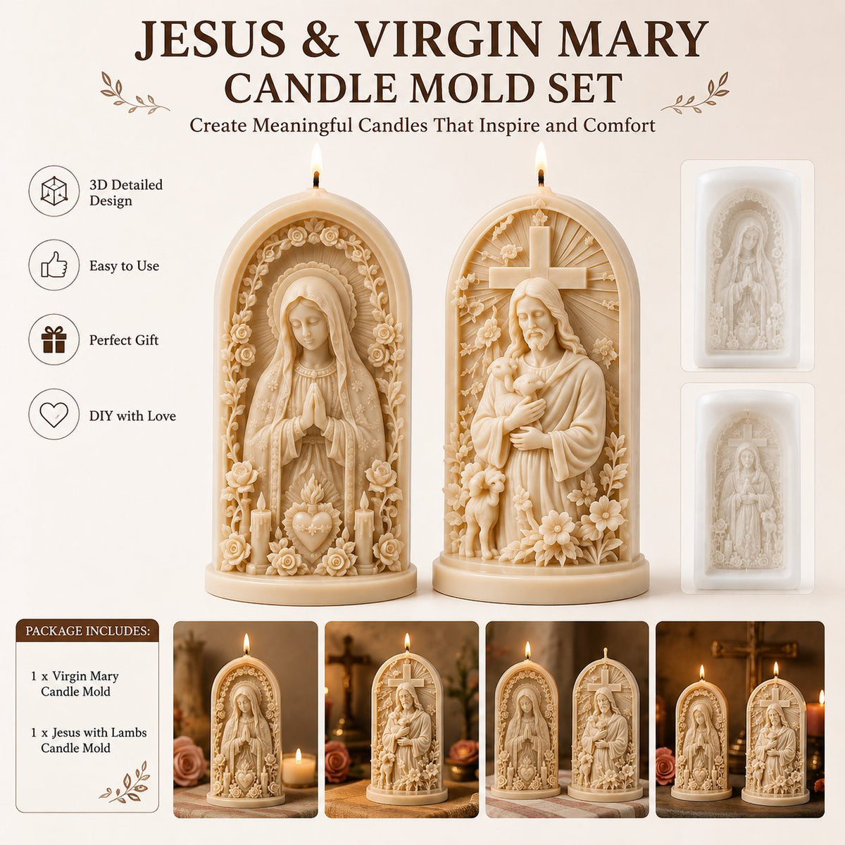 ⏳ 49 % korting – ✝️ 3D-kaarsvormenset „Jezus, de Goede Herder“ | Reliëf met kruis, lam en bloemen voor handgemaakte kaarsen met een religieus thema 🕯️✨