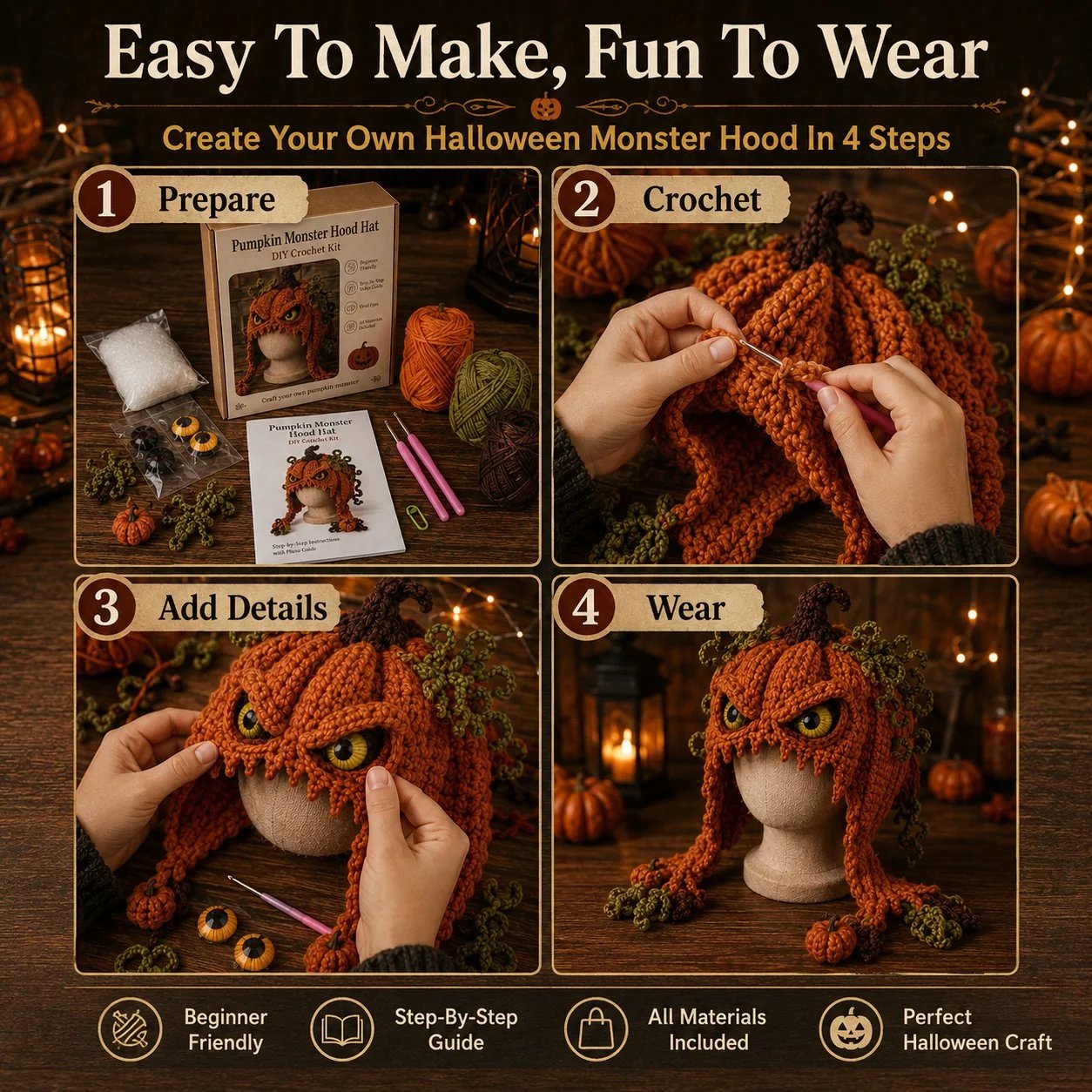 🎭🎃 DIY-haakpakket voor een Halloween-monsterkap | Hoogwaardig, zacht garen met stapsgewijze handleiding voor het zelf maken van een handgemaakte, draagbare karakterkap 🧶✨