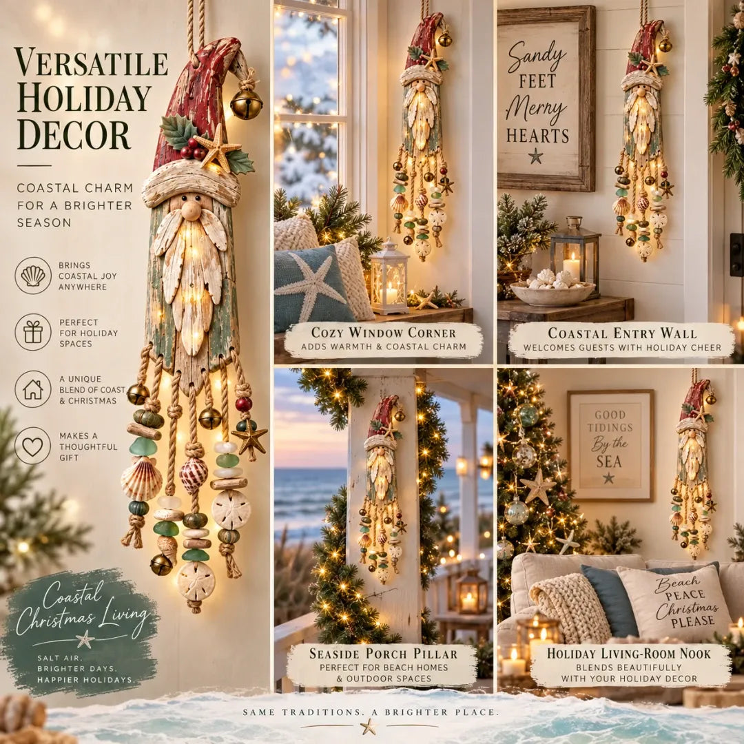 Vintage kustthema: verlichte kerstwandversiering met Kerstman – Kerstversiering voor het strandhuis met zeesterren, schelpen en een warme gloed
