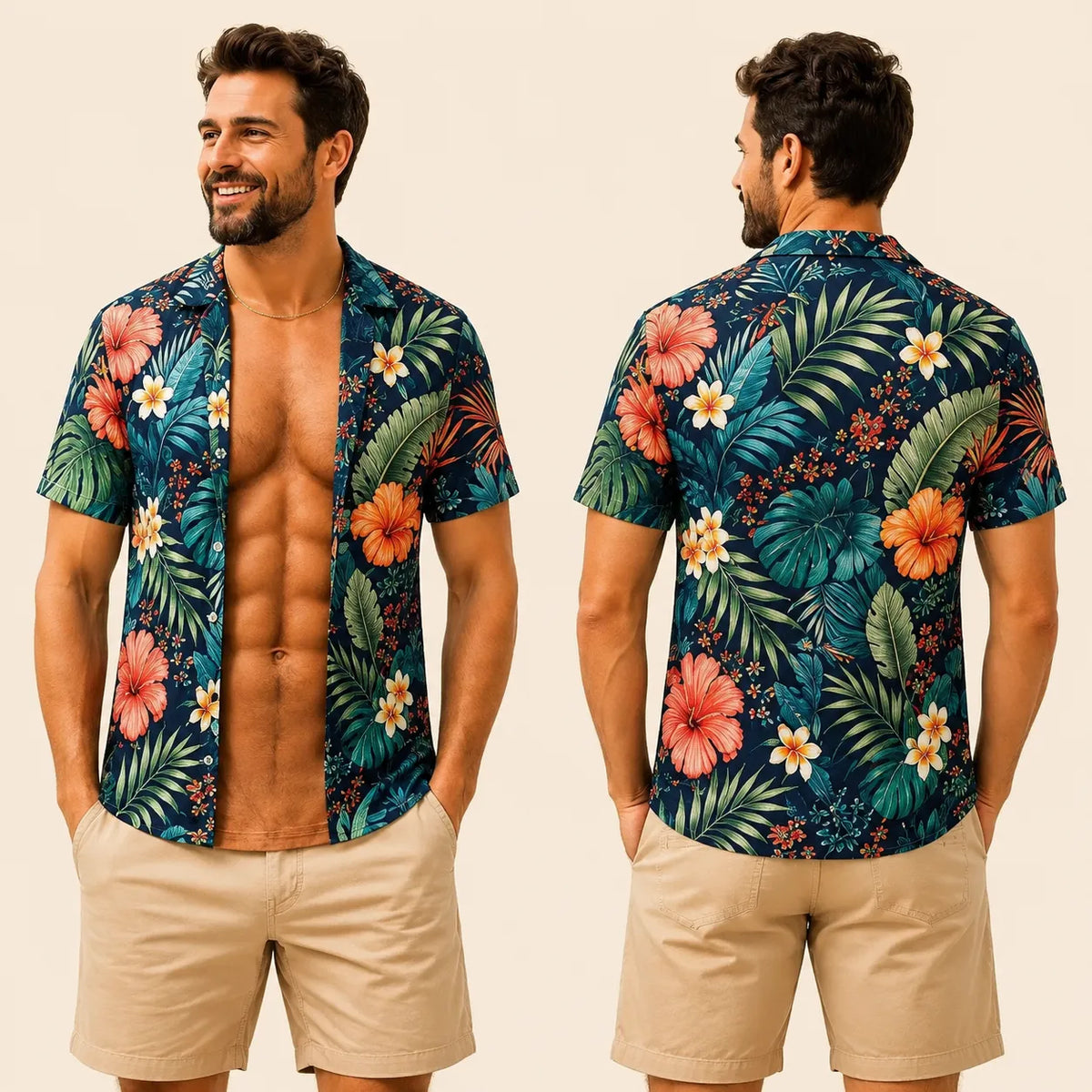 Grappig spier-T-shirt voor heren, T-shirt met Hawaiiaanse-hemd-illusie, gepersonaliseerd 3D-T-shirt met nep-open-hemd-effect💪🔥