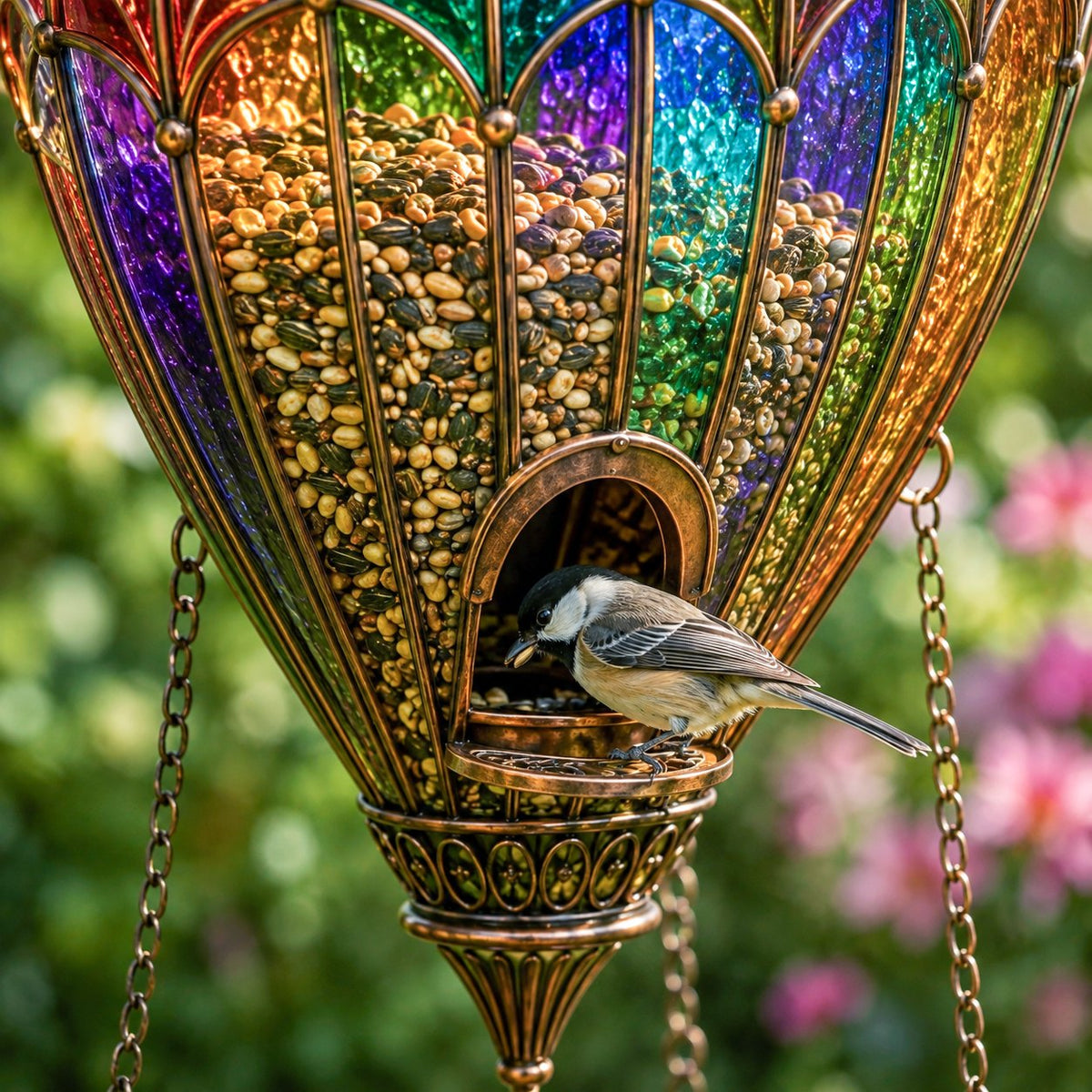 🌈 Gebrandschilderde luchtballon-vogelvoederbak met fontein🐦