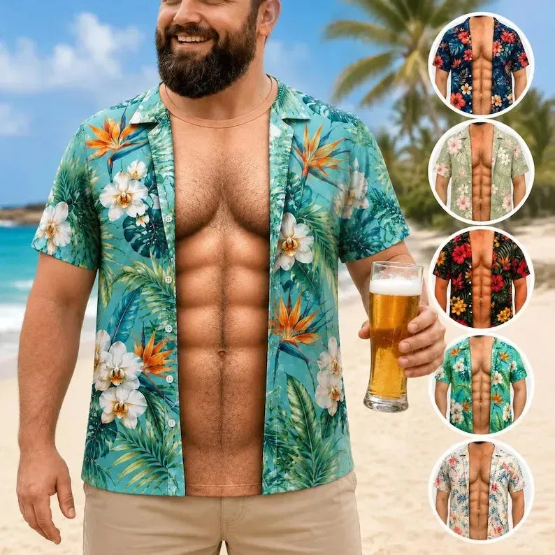 Grappig spier-T-shirt voor heren, T-shirt met Hawaiiaanse-hemd-illusie, gepersonaliseerd 3D-T-shirt met nep-open-hemd-effect💪🔥
