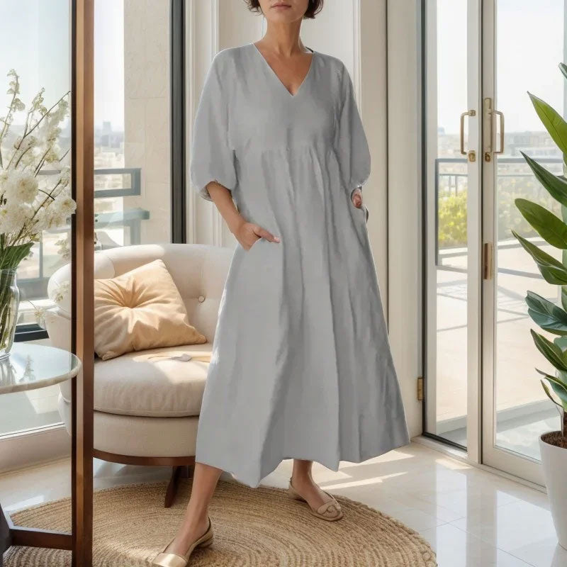🌿 Diepe V-Hals Katoen-Linnen Zomerjurk met Zakken