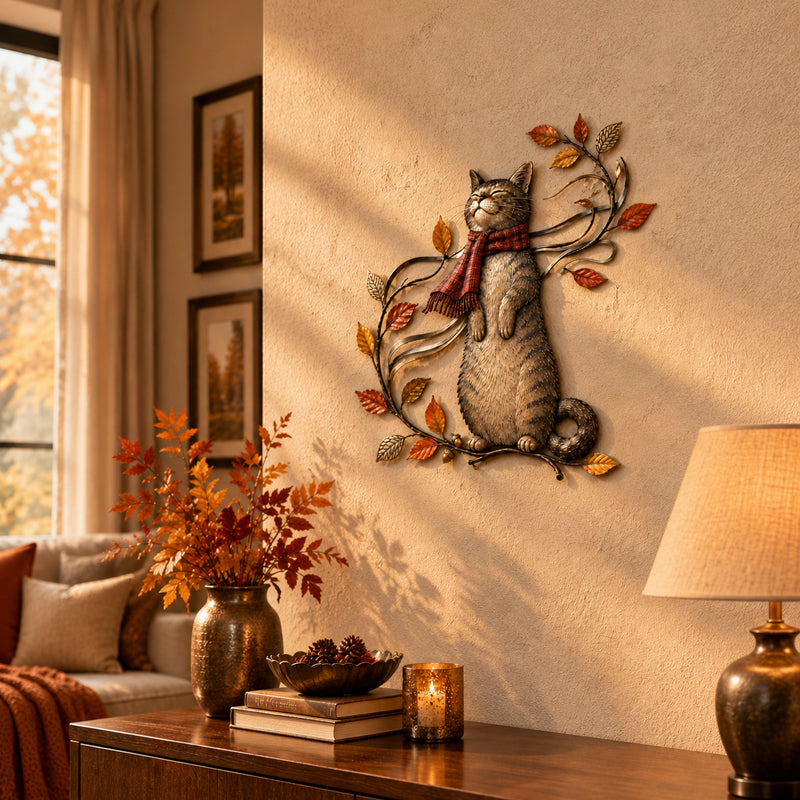 🍁Metalen wanddecoratie met herfstkat🐱