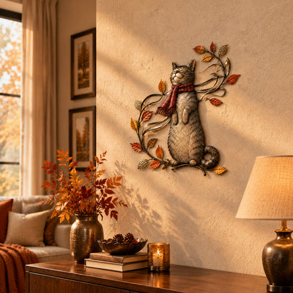 🍁Metalen wanddecoratie met herfstkat🐱