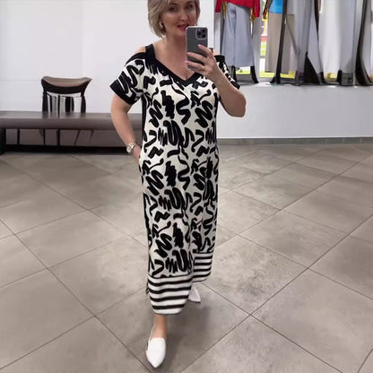 🌟Speciale aanbieding 45% KORTING🎁Zwart-wit bedrukte V-halsjurk