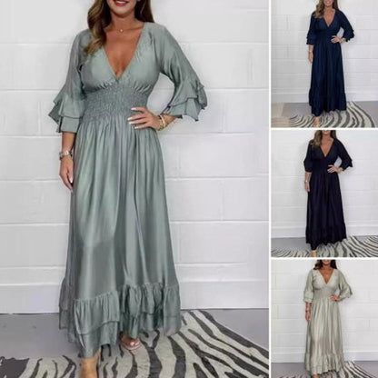 ✨Nieuwe artikelen 35% korting🎁Satijnen V-hals ruchejurk