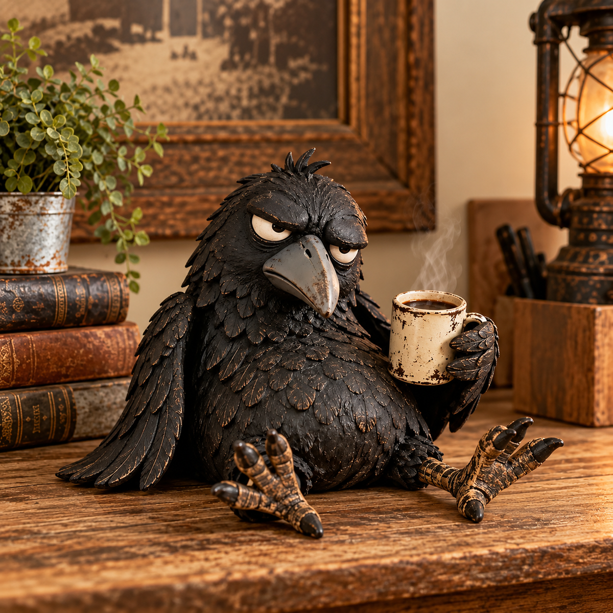 Grumpy Coffee Raven-beeldje – “Not Yet” grappige ochtenddecoratie