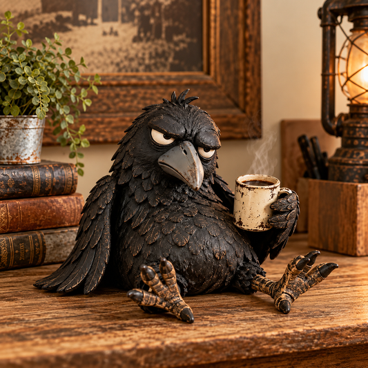 Grumpy Coffee Raven-beeldje – “Not Yet” grappige ochtenddecoratie